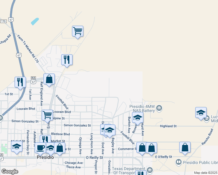 map of restaurants, bars, coffee shops, grocery stores, and more near Monique Drive in Presidio
