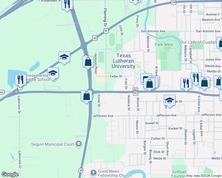 map of restaurants, bars, coffee shops, grocery stores, and more near 1231 West Court Street in Seguin