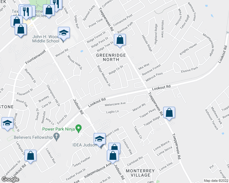 map of restaurants, bars, coffee shops, grocery stores, and more near 6406 Ridge Creek Drive in San Antonio