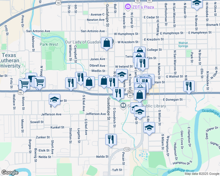 map of restaurants, bars, coffee shops, grocery stores, and more near 415 West Mountain Street in Seguin