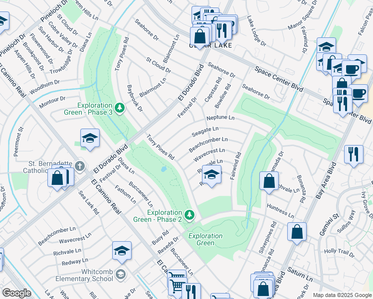 map of restaurants, bars, coffee shops, grocery stores, and more near 1419 Beachcomber Lane in Houston