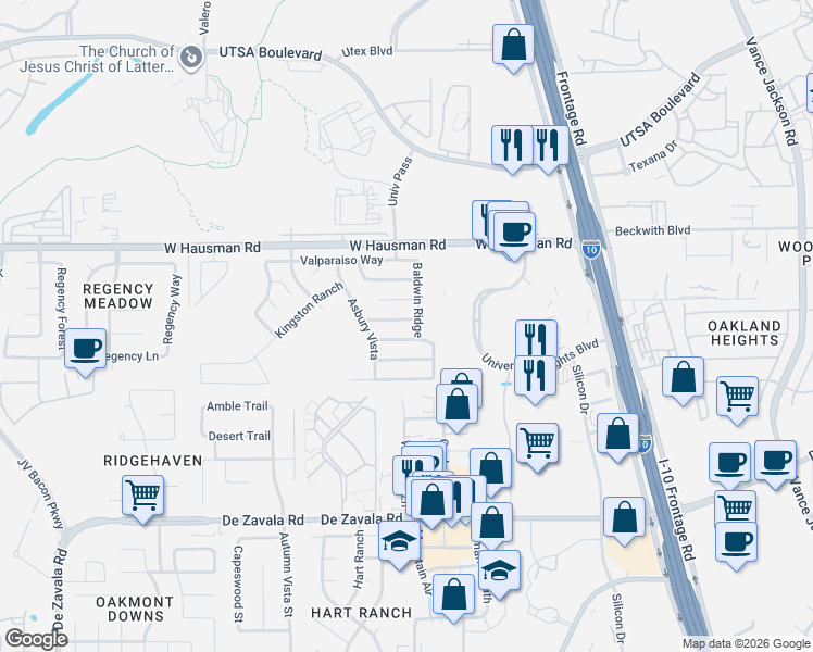 map of restaurants, bars, coffee shops, grocery stores, and more near 5807 Sherbrooke Oak in San Antonio