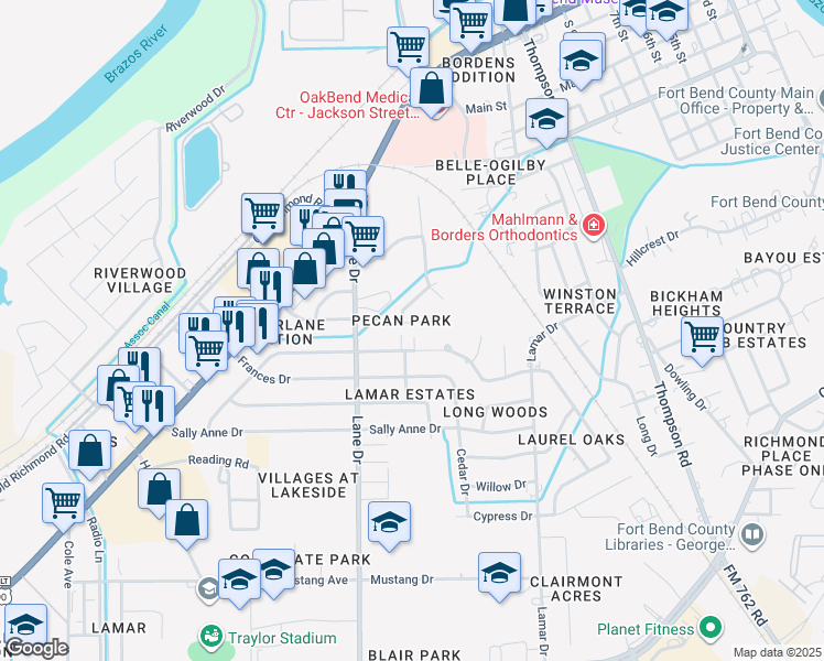 map of restaurants, bars, coffee shops, grocery stores, and more near 1208 Wilson Drive in Rosenberg