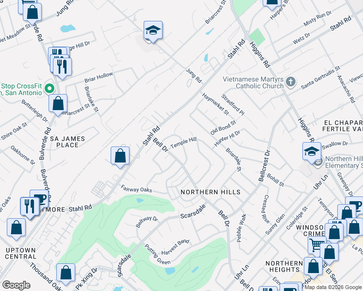 map of restaurants, bars, coffee shops, grocery stores, and more near 4314 Temple Hill in San Antonio