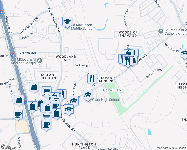 map of restaurants, bars, coffee shops, grocery stores, and more near 4950 De Zavala Road in San Antonio