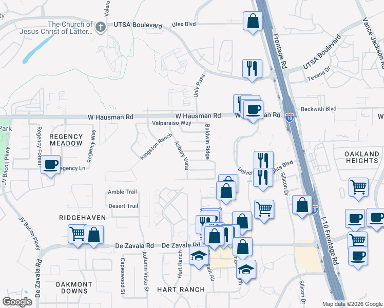 map of restaurants, bars, coffee shops, grocery stores, and more near 5843 Sherbrooke Oak in San Antonio