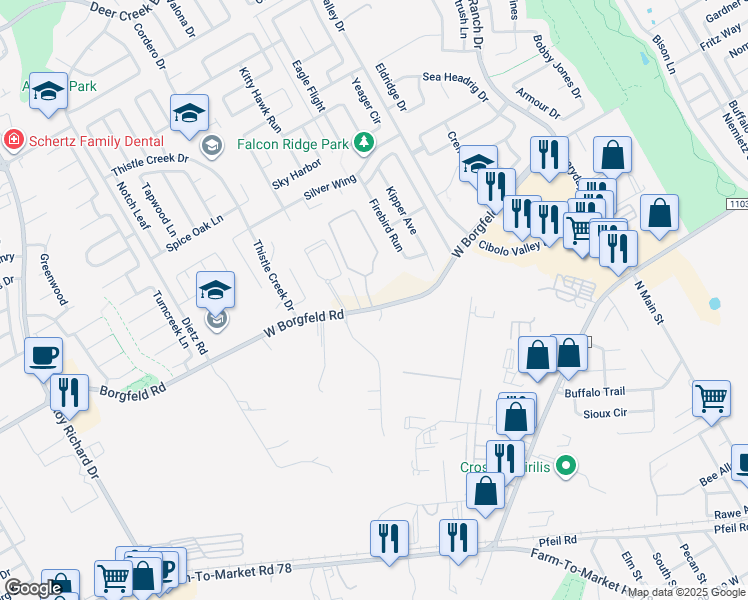 map of restaurants, bars, coffee shops, grocery stores, and more near 211 Grand Avenue in Cibolo