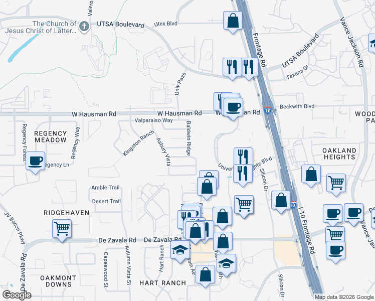 map of restaurants, bars, coffee shops, grocery stores, and more near 5807 Sherbrooke Oak in San Antonio