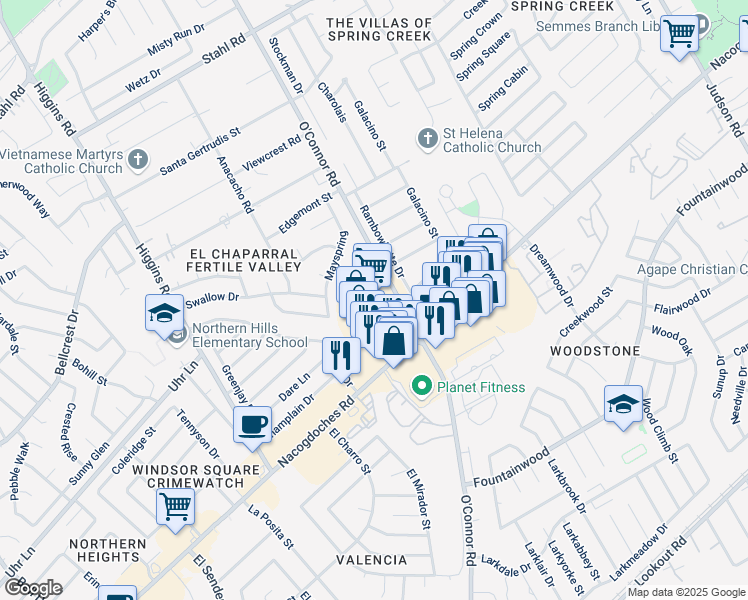 map of restaurants, bars, coffee shops, grocery stores, and more near 14087 O'Connor Road in San Antonio