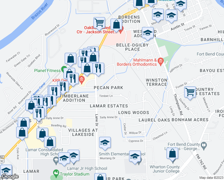 map of restaurants, bars, coffee shops, grocery stores, and more near 1308 Wilson Drive in Rosenberg