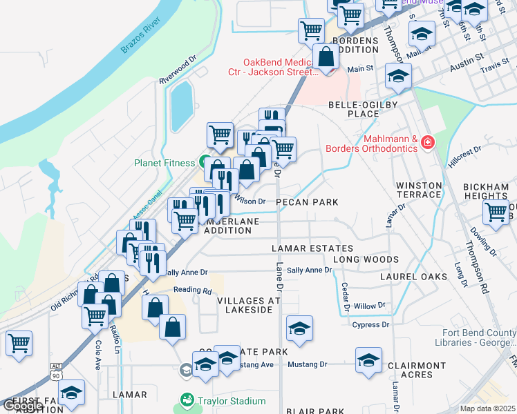map of restaurants, bars, coffee shops, grocery stores, and more near 1014 Wilson Drive in Rosenberg
