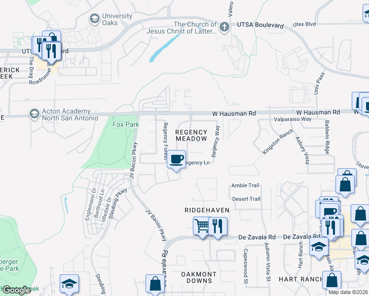 map of restaurants, bars, coffee shops, grocery stores, and more near 13123 Regency Trail in San Antonio