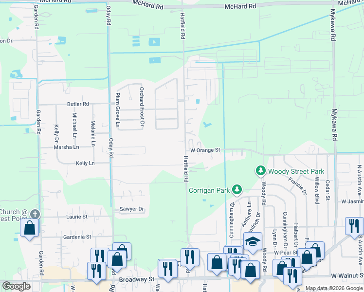 map of restaurants, bars, coffee shops, grocery stores, and more near 2144 Hatfield Road in Pearland
