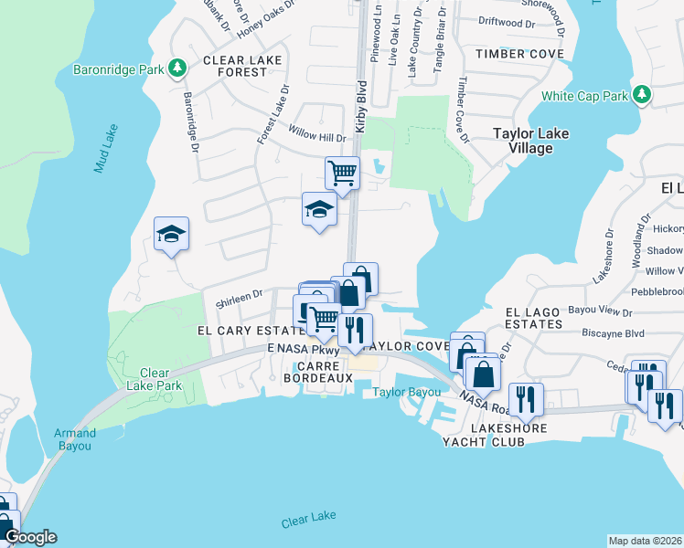 map of restaurants, bars, coffee shops, grocery stores, and more near 301-371 Kirby Road in Taylor Lake Village