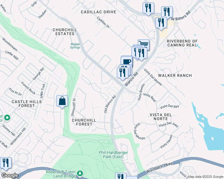 map of restaurants, bars, coffee shops, grocery stores, and more near 14122 Churchill Estates Boulevard in San Antonio