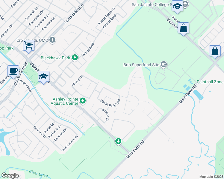 map of restaurants, bars, coffee shops, grocery stores, and more near 12526 Park Meadow Drive in Houston