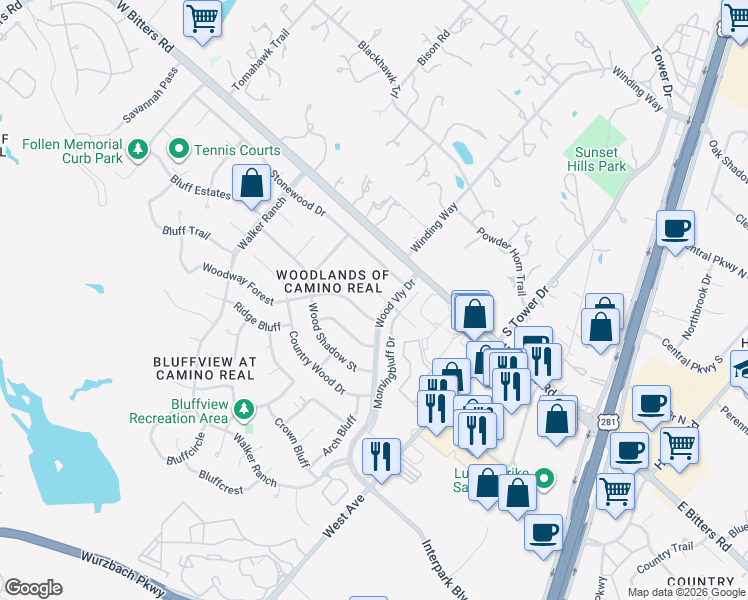 map of restaurants, bars, coffee shops, grocery stores, and more near 13763 Morningbluff Drive in San Antonio