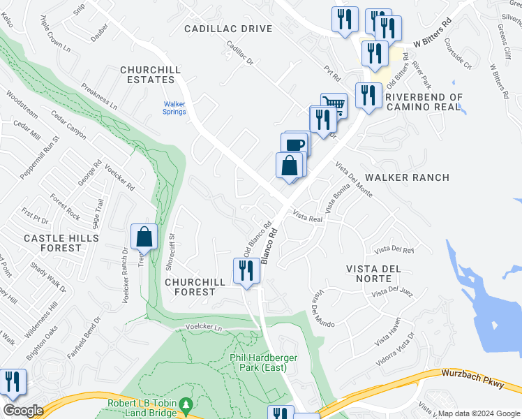 map of restaurants, bars, coffee shops, grocery stores, and more near 14122 Churchill Estates Boulevard in San Antonio