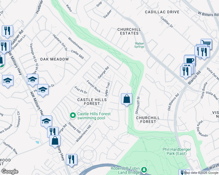 map of restaurants, bars, coffee shops, grocery stores, and more near 13131 Winding Creek in San Antonio