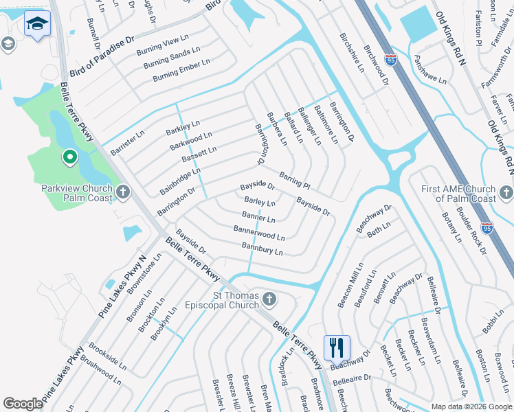 map of restaurants, bars, coffee shops, grocery stores, and more near 14 Barley Lane in Palm Coast
