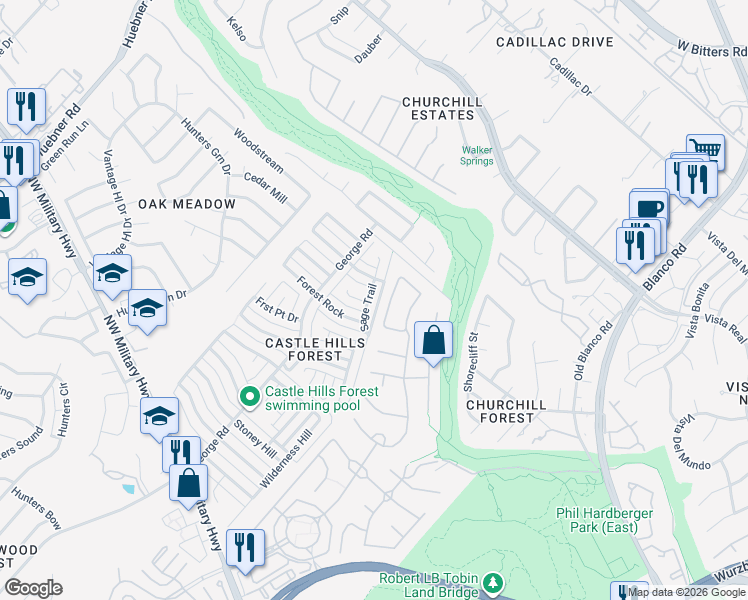 map of restaurants, bars, coffee shops, grocery stores, and more near 13131 Winding Creek in San Antonio
