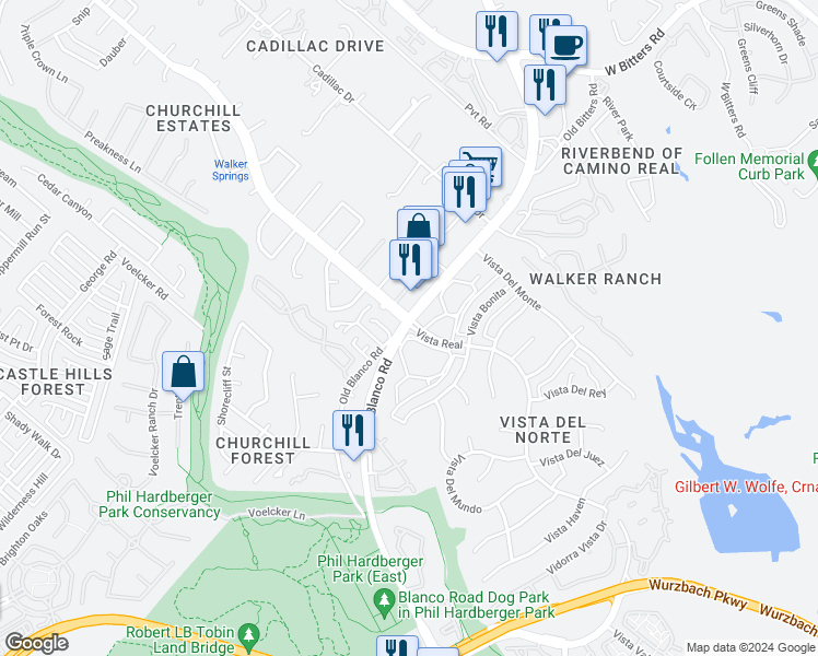 map of restaurants, bars, coffee shops, grocery stores, and more near 13398 Blanco Road in San Antonio
