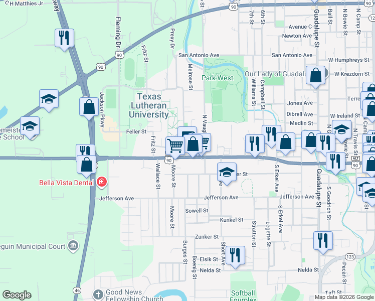 map of restaurants, bars, coffee shops, grocery stores, and more near 964 West Court Street in Seguin