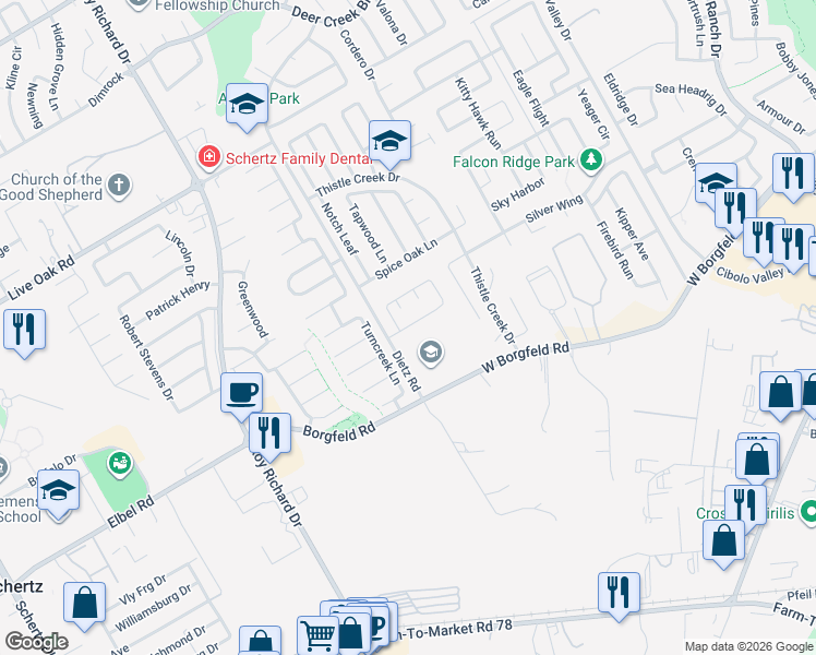 map of restaurants, bars, coffee shops, grocery stores, and more near 119 Woodstone Loop in Cibolo