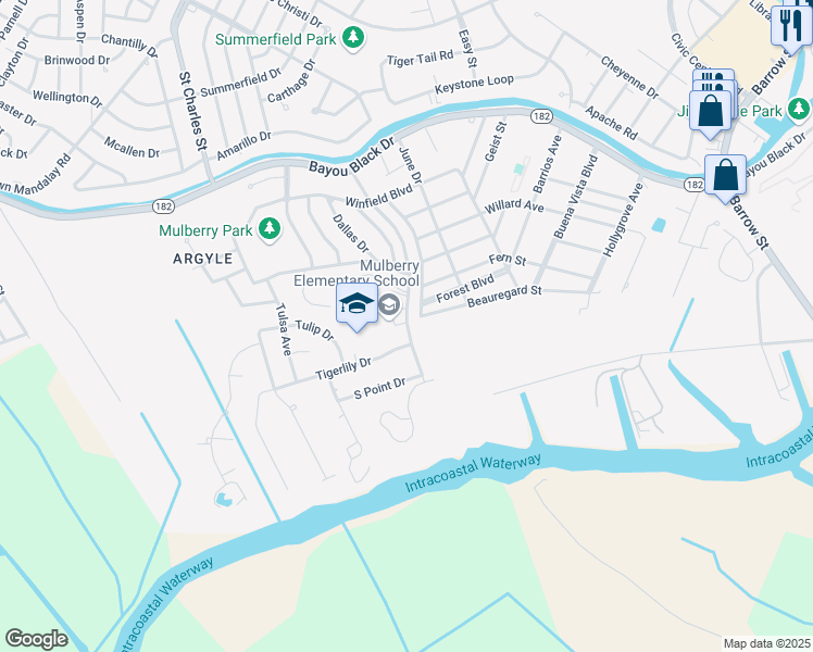 map of restaurants, bars, coffee shops, grocery stores, and more near 450 Cougar Drive in Houma