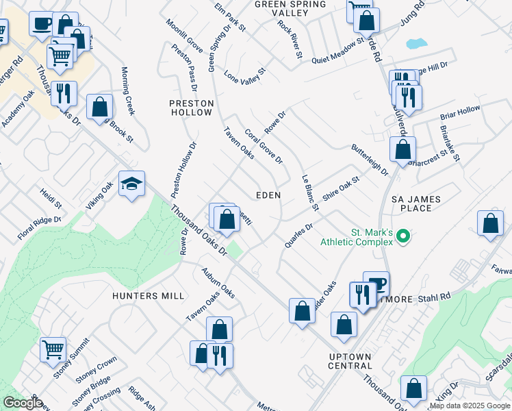map of restaurants, bars, coffee shops, grocery stores, and more near 13902 Shire Oak Street in San Antonio