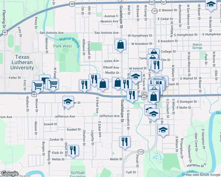 map of restaurants, bars, coffee shops, grocery stores, and more near 203 North Saunders Street in Seguin