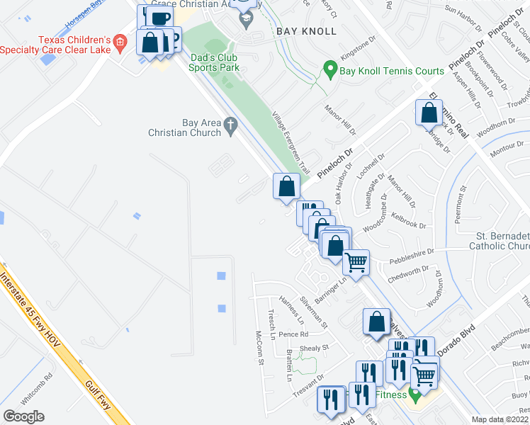 map of restaurants, bars, coffee shops, grocery stores, and more near 695 Pineloch Drive in Webster