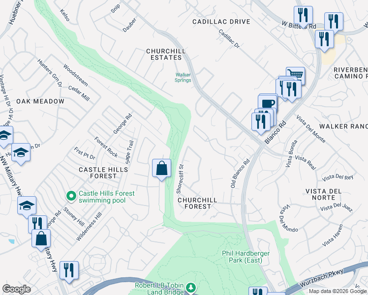 map of restaurants, bars, coffee shops, grocery stores, and more near 1918 Great Ridge Street in San Antonio