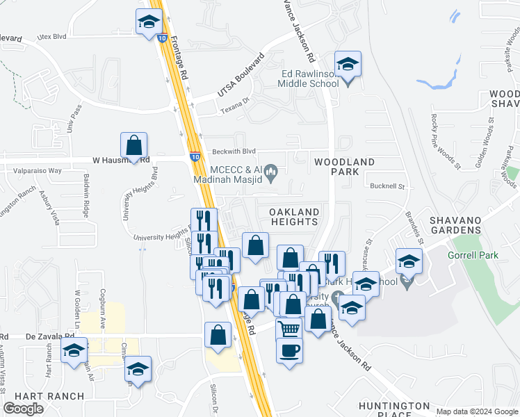 map of restaurants, bars, coffee shops, grocery stores, and more near 5238 Ashton Audrey in San Antonio
