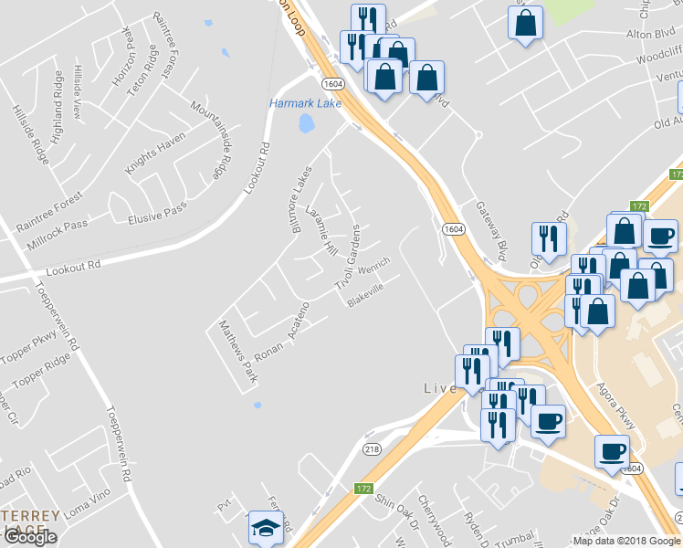 map of restaurants, bars, coffee shops, grocery stores, and more near 13805 Tivoli Gardens in San Antonio