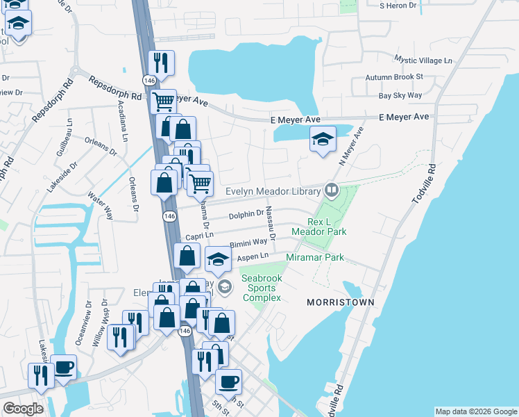 map of restaurants, bars, coffee shops, grocery stores, and more near 1825 Dolphin Drive in Seabrook