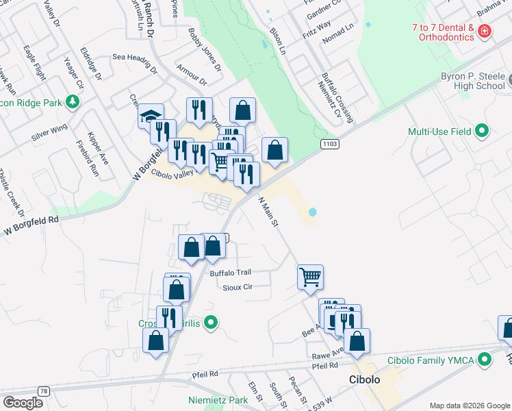 map of restaurants, bars, coffee shops, grocery stores, and more near 105 Indian Circle in Cibolo