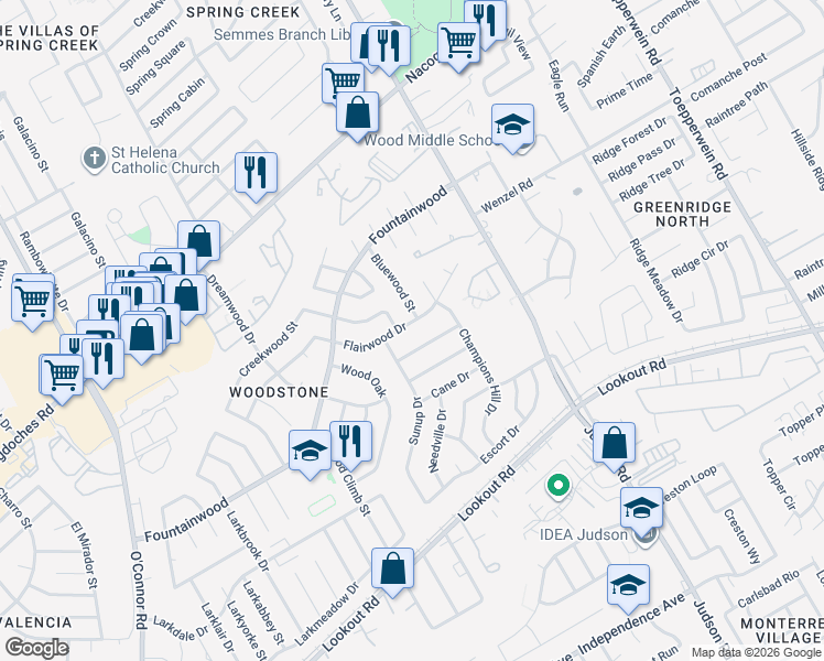 map of restaurants, bars, coffee shops, grocery stores, and more near 13930 Mission Valley in San Antonio