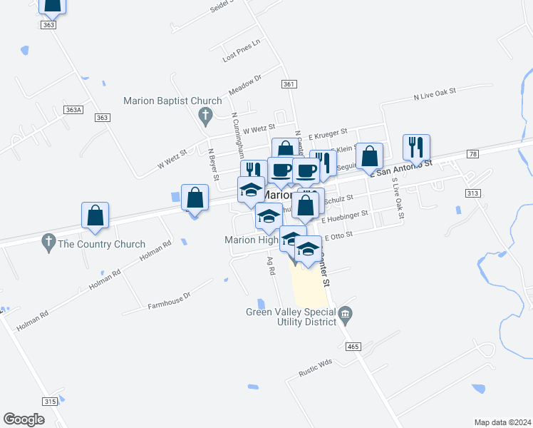 map of restaurants, bars, coffee shops, grocery stores, and more near 215 West Schulz Street in Marion