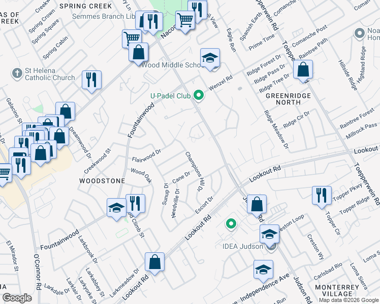 map of restaurants, bars, coffee shops, grocery stores, and more near 13902 Brantley in San Antonio