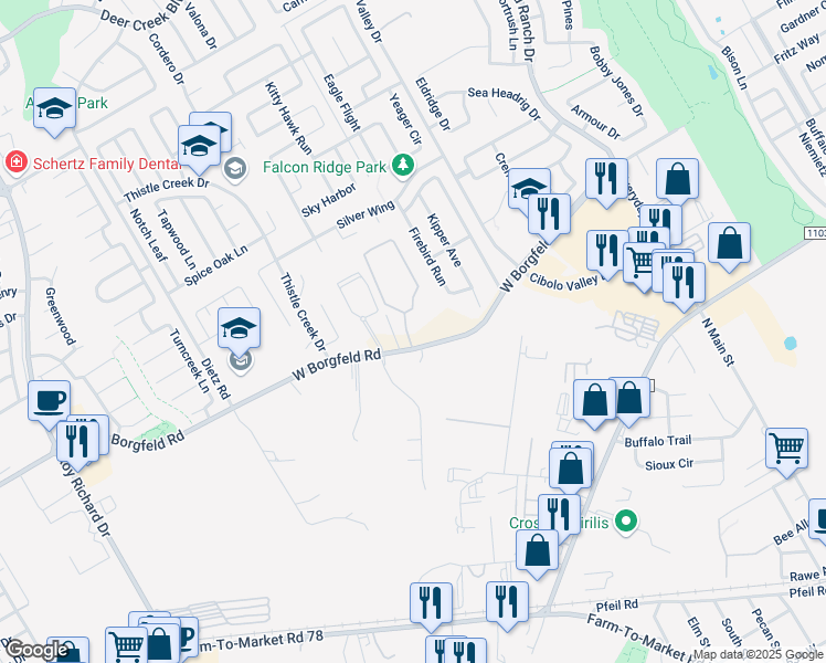 map of restaurants, bars, coffee shops, grocery stores, and more near 245 West Borgfeld Road in Cibolo