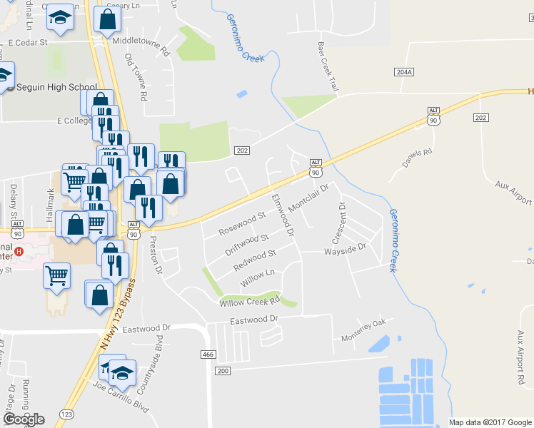 map of restaurants, bars, coffee shops, grocery stores, and more near 1739 Rosewood Street in Seguin