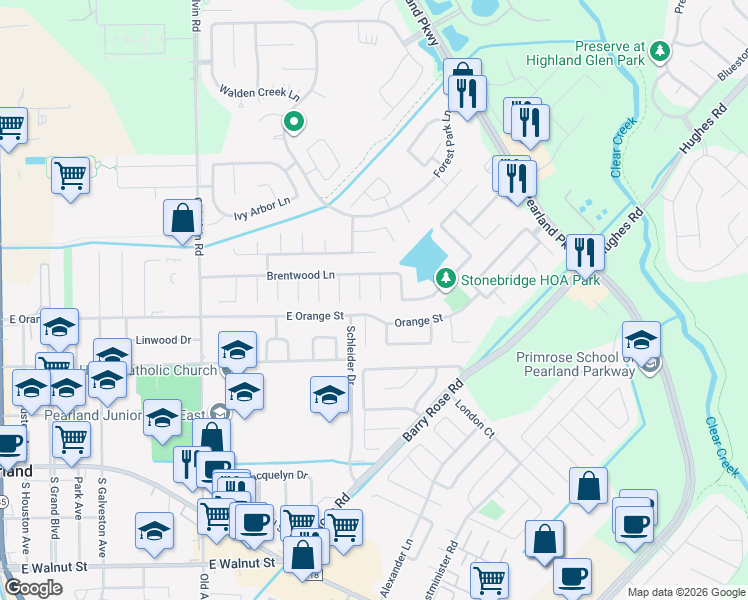 map of restaurants, bars, coffee shops, grocery stores, and more near 3119 Orange Street in Pearland