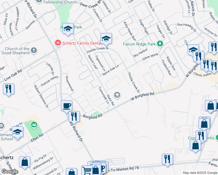 map of restaurants, bars, coffee shops, grocery stores, and more near 119 Woodstone Loop in Cibolo