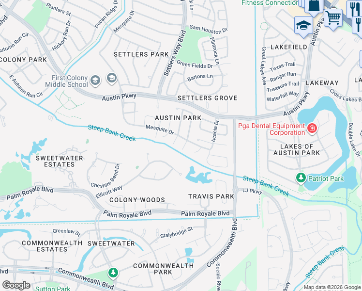 map of restaurants, bars, coffee shops, grocery stores, and more near 3510 Water Locust Drive in Sugar Land