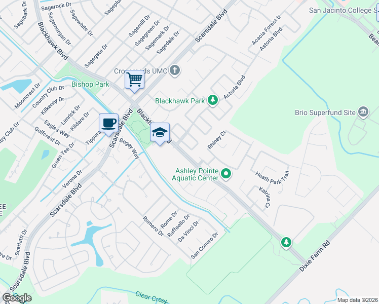 map of restaurants, bars, coffee shops, grocery stores, and more near 9835 Buckhaven Drive in Houston