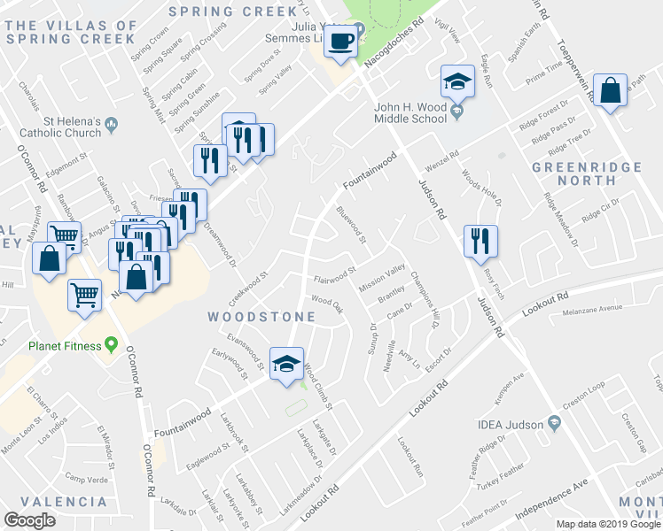 map of restaurants, bars, coffee shops, grocery stores, and more near 14038 Flairwood Street in San Antonio