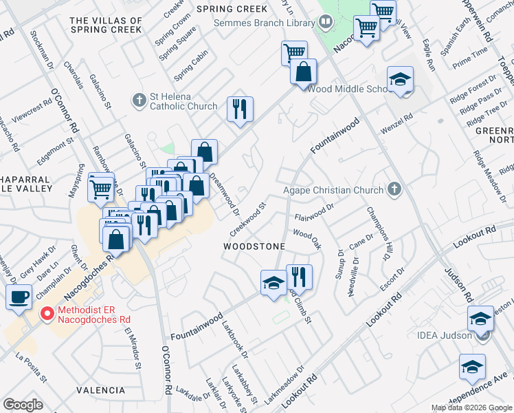 map of restaurants, bars, coffee shops, grocery stores, and more near 5711 Creekwood Street in San Antonio