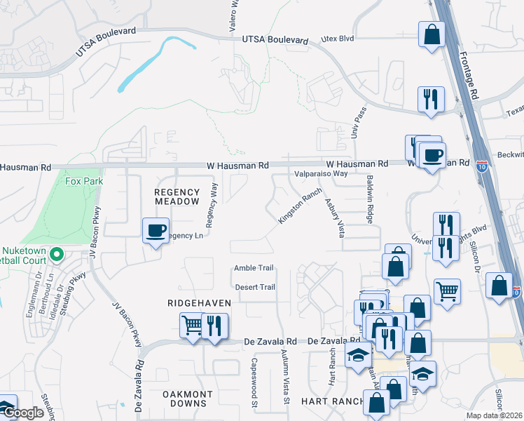 map of restaurants, bars, coffee shops, grocery stores, and more near 13215 Hopkins Glade in San Antonio