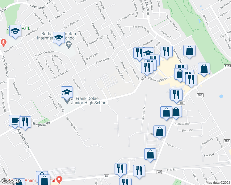 map of restaurants, bars, coffee shops, grocery stores, and more near 245 West Borgfeld Road in Cibolo